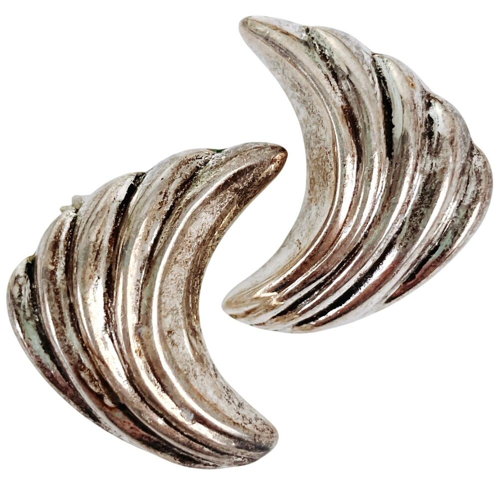 VTG Sterling Silver ND 925 Modernist Wave Clip On Earrings Sculptural Minimalist